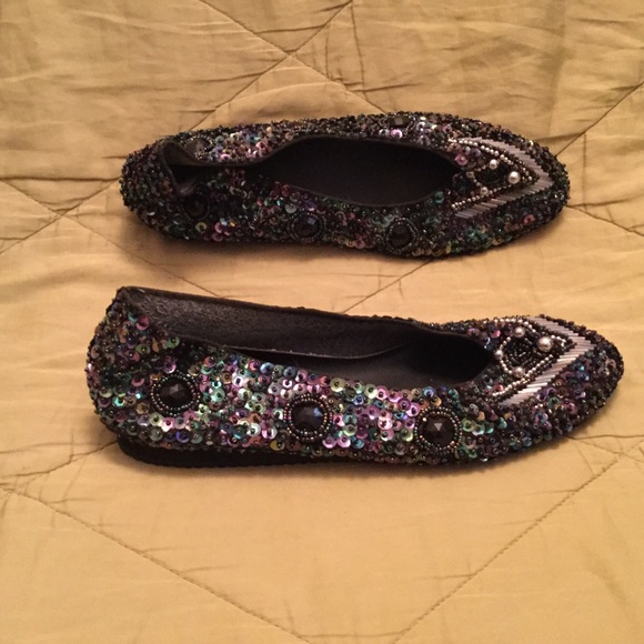 Shoes - Peacock coloured sequinned flat slipper shoes